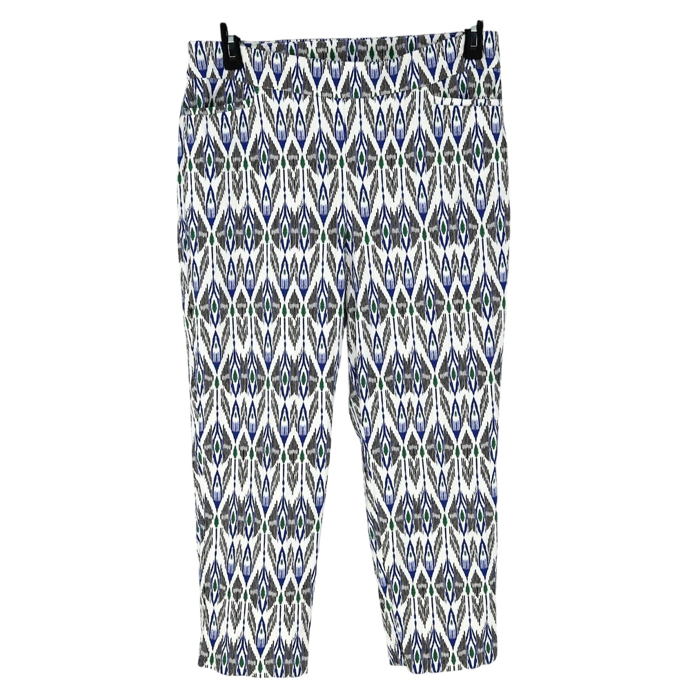 Chicos Pants 2.5 Womens 14 White Black Blue Print Stretch Cotton Crop Ankle